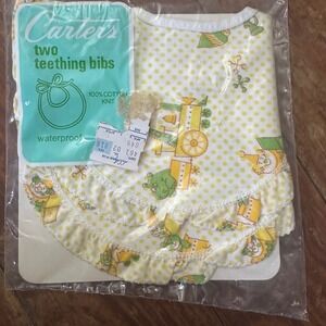 Vintage New Carters Two Teething Bibs Waterproof 100 Cotton Knit Train Animal
